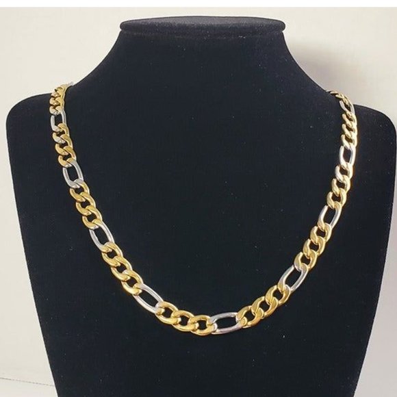 24" Womens 18K Gold Silver Mixed Two Tone Figaro Chain Link Necklace Jewelry 18 - Picture 2 of 4